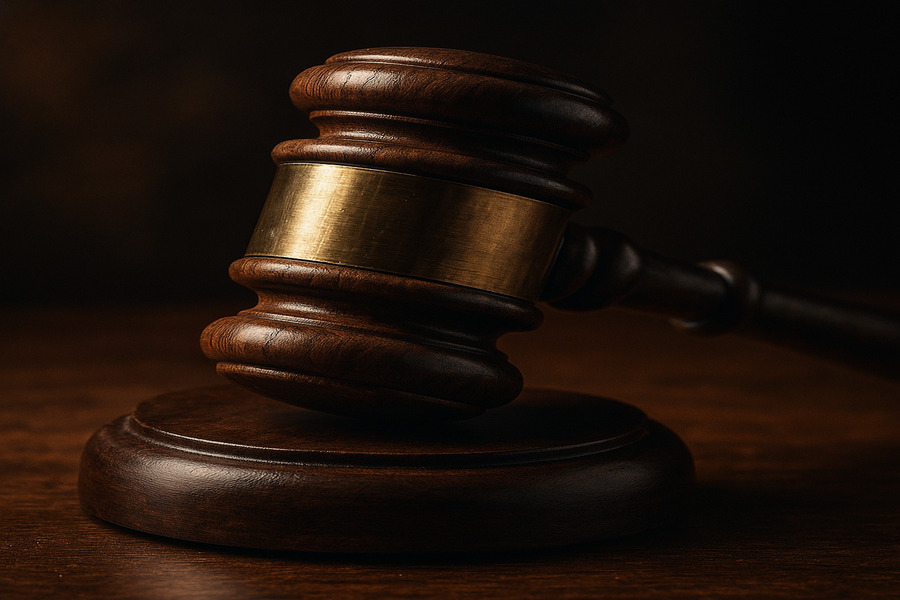 A hyper-realistic close-up photograph of a judge’s wooden gavel resting on a matching sound block, showcasing the rich wood grain and brass band under dramatic lighting.